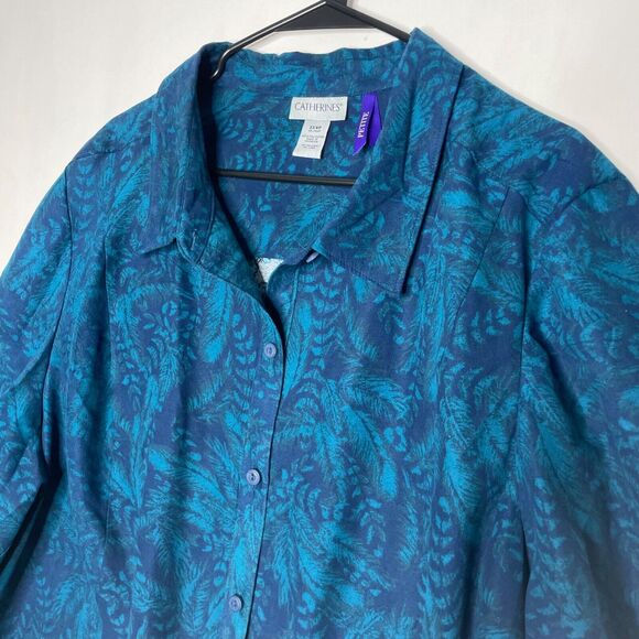 Catherines Womens 3XWP Blue Green Sueded Floral Print Button Up Artsy - Picture 4 of 6